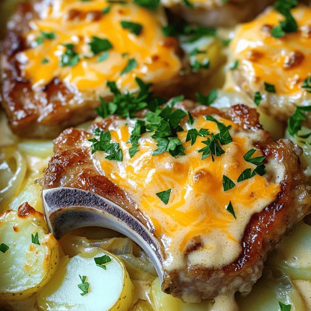 - 4 bone-in pork chops (about 1-inch thick) - 4 large russet potatoes (thinly sliced) - 1 large onion (thinly sliced) - 3 cloves garlic (minced) - 1 cup heavy cream