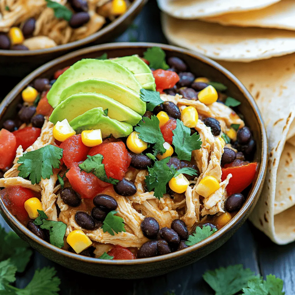 - 2 lbs boneless, skinless chicken thighs - 1 can (15 oz) black beans, drained and rinsed - 1 can (14.5 oz) diced tomatoes with green chilies - 1 cup corn kernels - 1 red bell pepper, diced - 1 small red onion, diced - 3 cloves garlic, minced - 1 tablespoon chili powder - 1 teaspoon cumin - 1 teaspoon smoked paprika - Salt and pepper to taste - 1 lime, juiced - Fresh cilantro for garnish - Optional toppings: sliced avocado and sour cream
