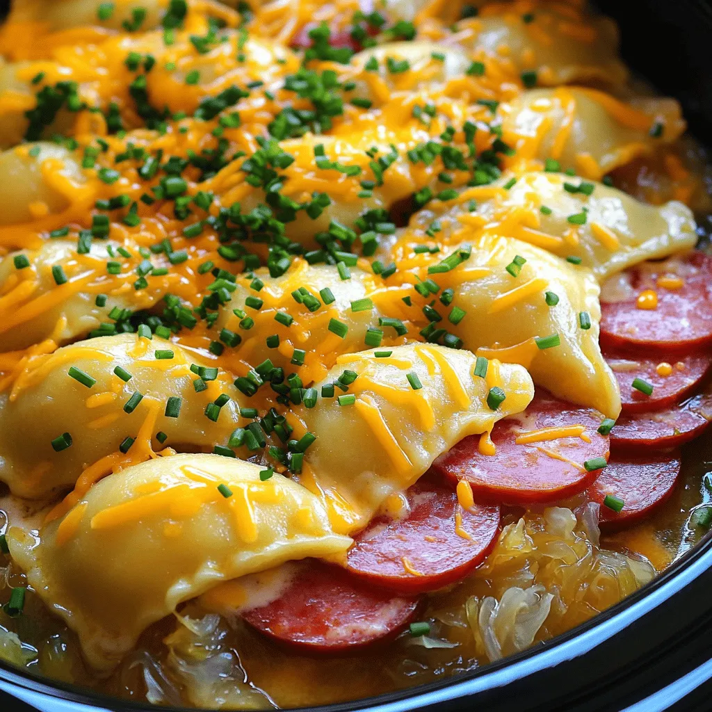 - Frozen pierogi (16 oz, cheese and potato filling preferred) - Kielbasa (1 pound, sliced) - Onion (1 large, chopped) - Sauerkraut (2 cups, drained and rinsed) - Cheddar cheese (1 cup, shredded plus extra for topping) - Sour cream (1 cup) - Garlic powder (1 teaspoon) - Smoked paprika (1 teaspoon) - Salt and pepper (to taste) - Fresh chives (for garnish)