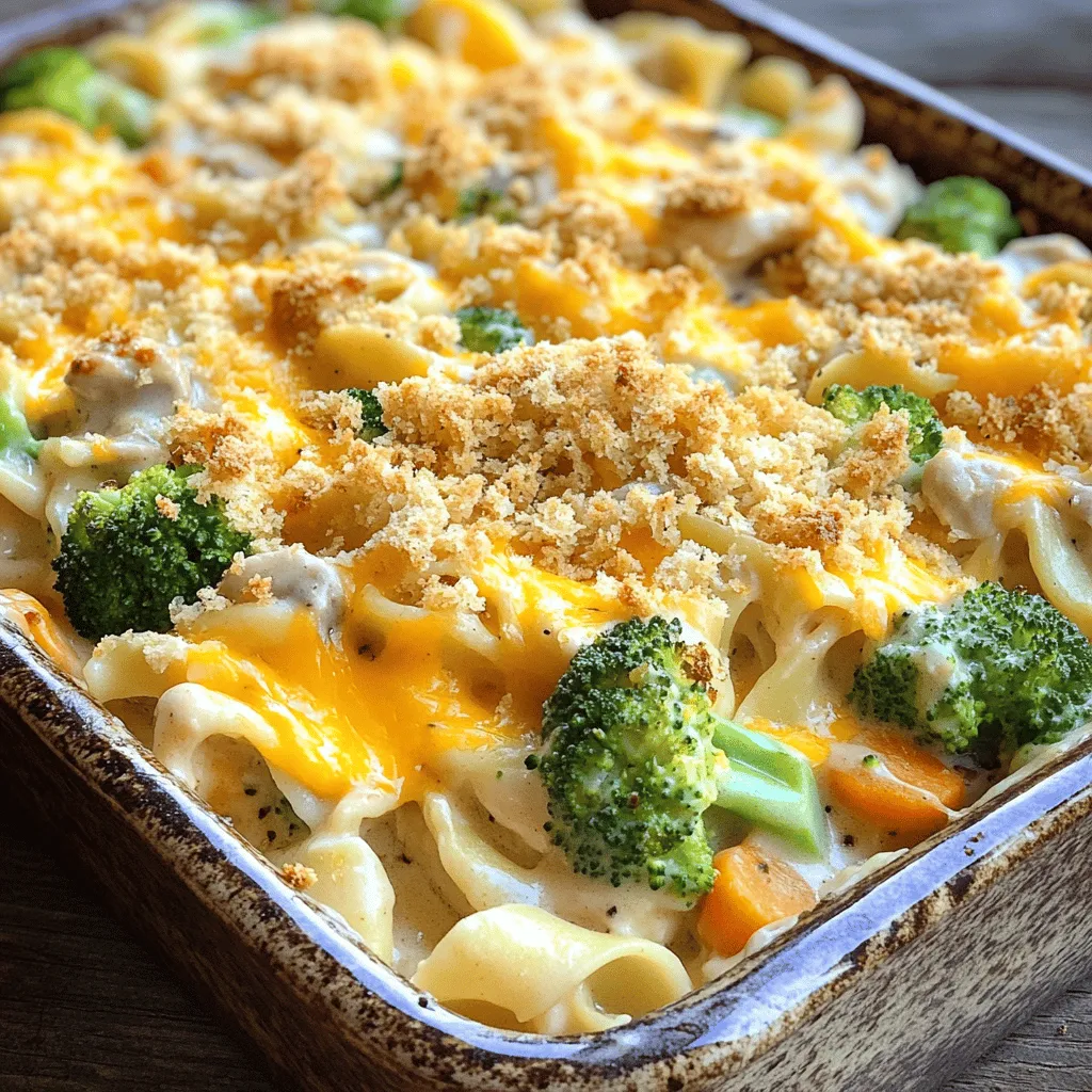 - 2 cups cooked chicken, shredded - 8 ounces egg noodles - 1 cup broccoli florets - 1 cup carrots, diced - 1 can cream of mushroom soup - 1 cup chicken broth - 1 cup shredded cheddar cheese - 1/2 cup chopped onion - 2 cloves garlic, minced - 1 teaspoon dried thyme - 1/2 teaspoon black pepper - 1 tablespoon olive oil - Salt to taste - 1/2 cup breadcrumbs (for topping)