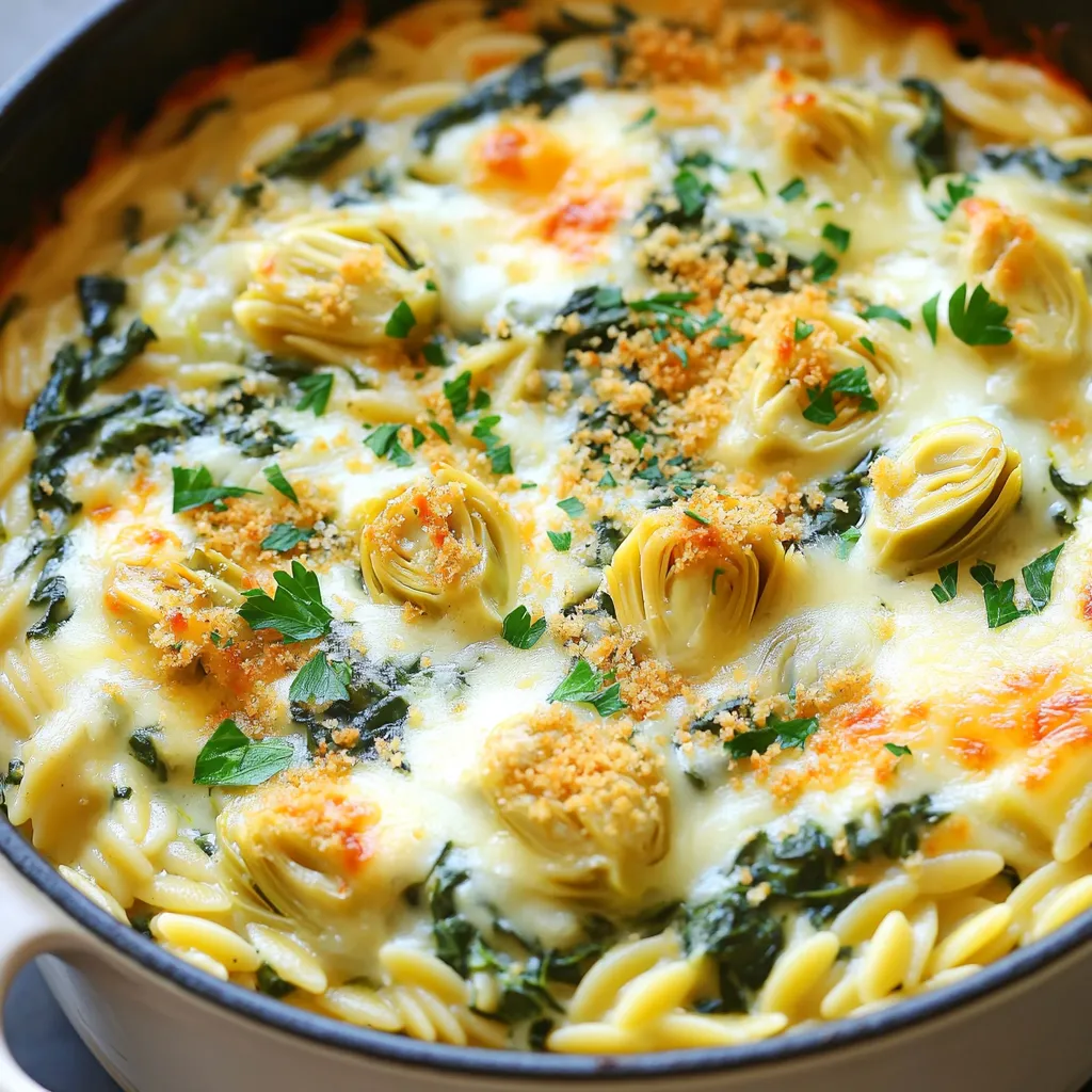 One-Pot Spinach Artichoke Orzo Bake Delight